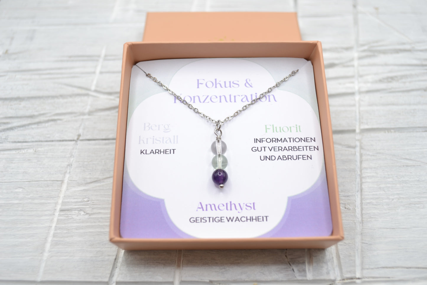 Kette Fokus und Konzentration mit Bergkristall, Fluorit und Amethyst