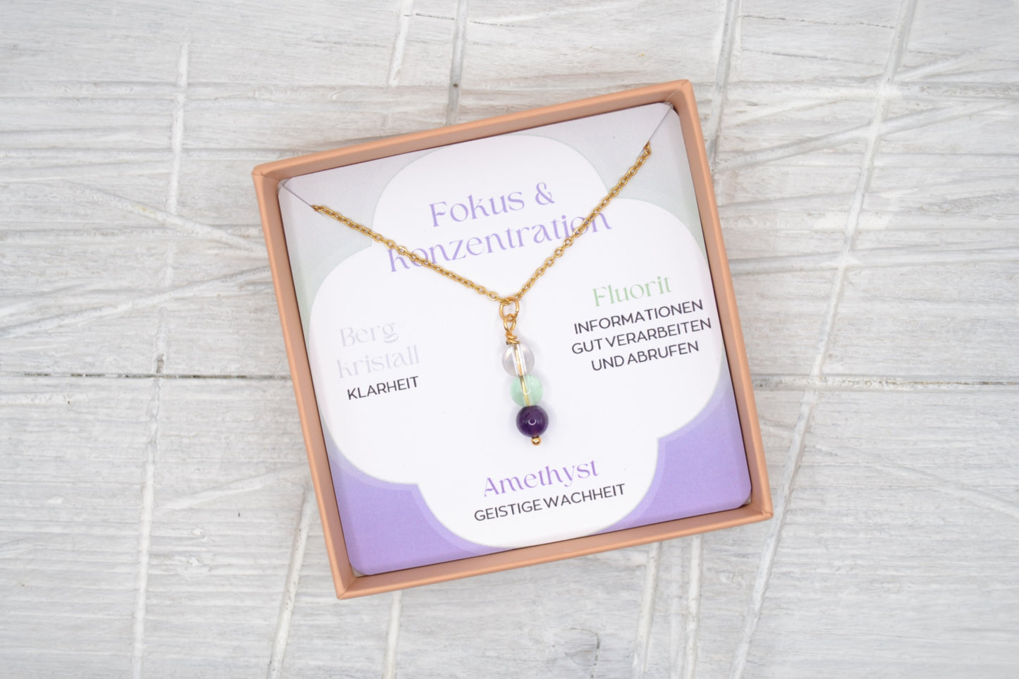 Kette Fokus und Konzentration mit Bergkristall, Fluorit und Amethyst