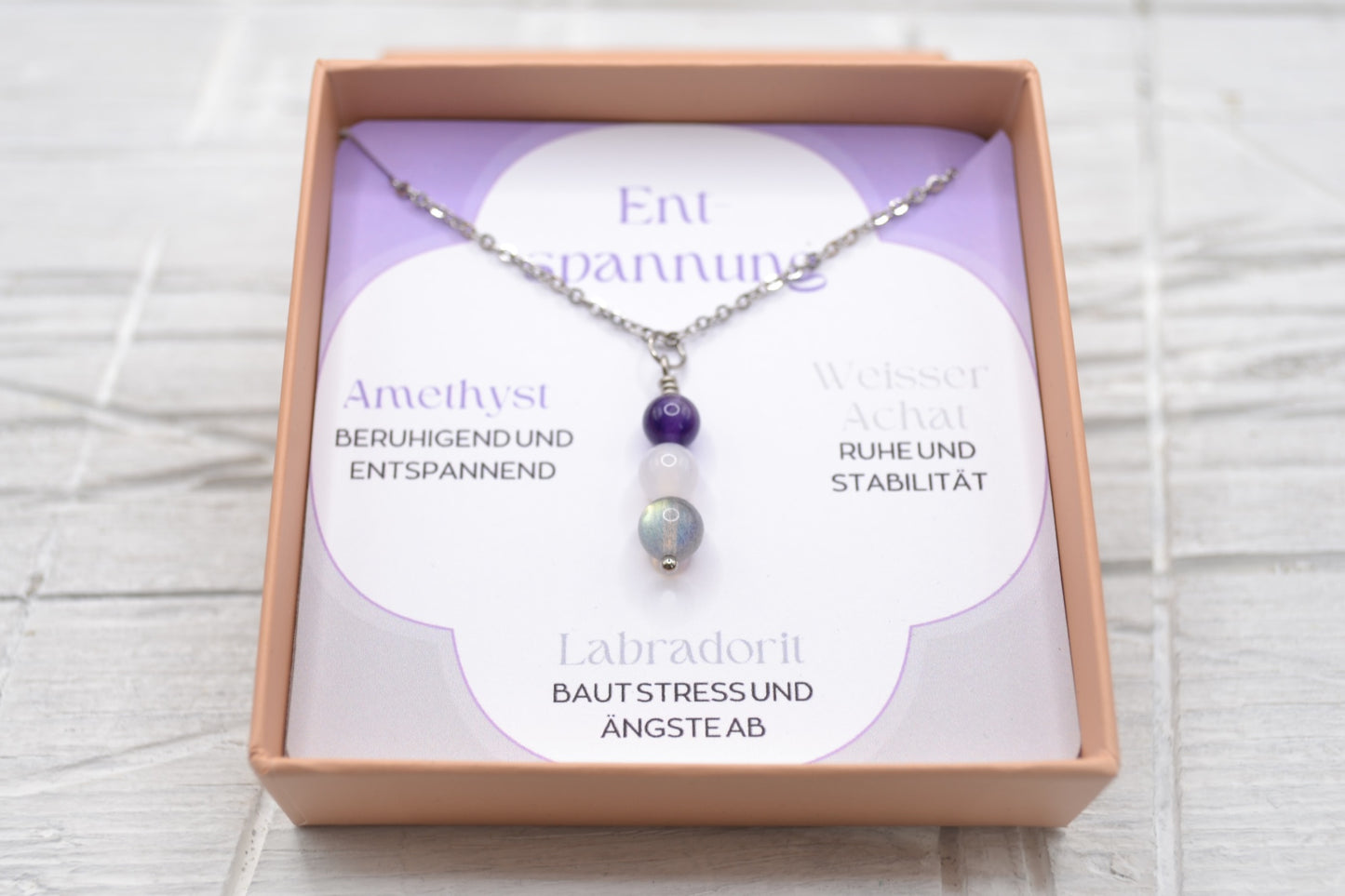 Kette Entspannung mit Amethyst, Weissem Achat und Labradorit
