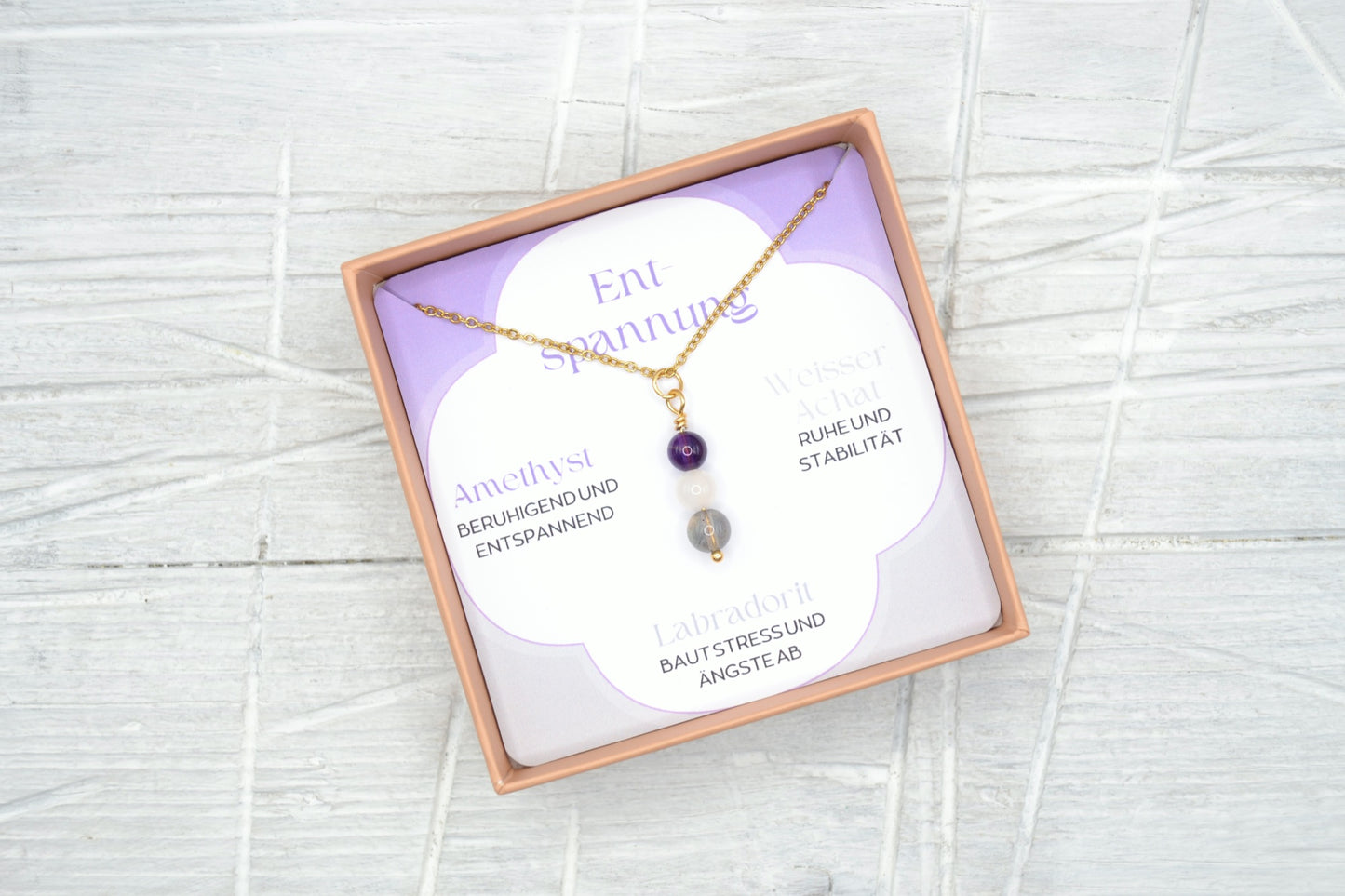 Kette Entspannung mit Amethyst, Weissem Achat und Labradorit