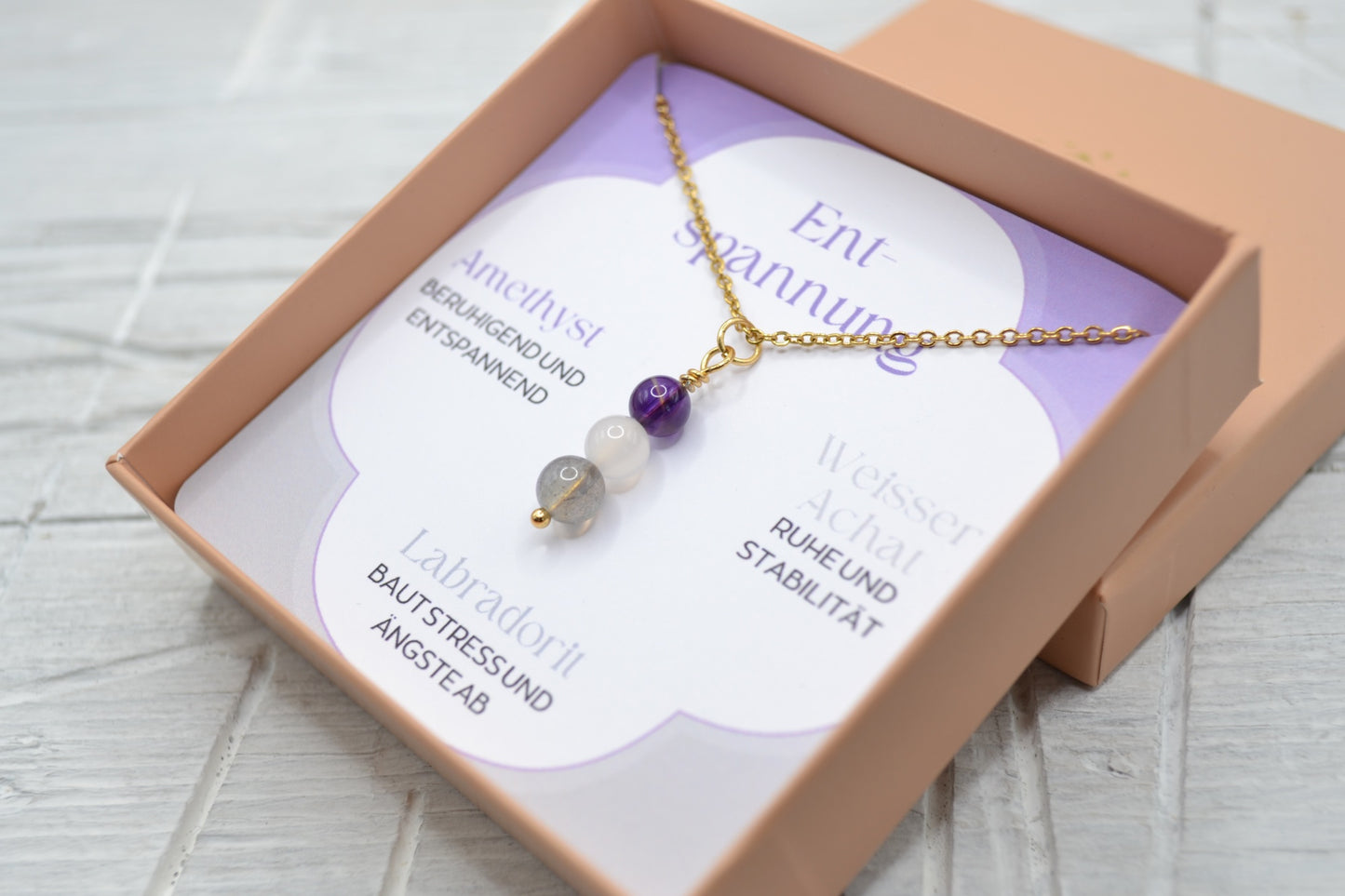 Kette Entspannung mit Amethyst, Weissem Achat und Labradorit