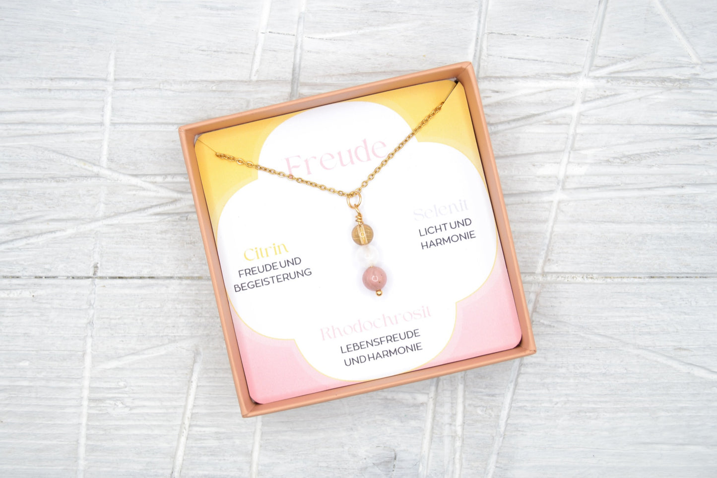 Kette Freude mit Citrin, Selenit und Rhodochrosit