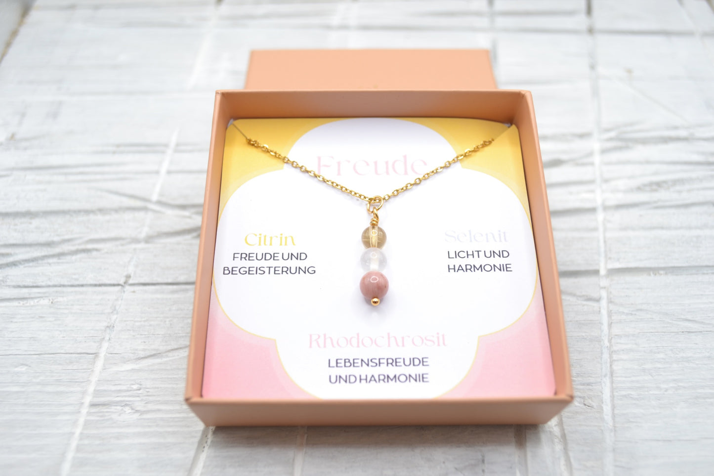 Kette Freude mit Citrin, Selenit und Rhodochrosit