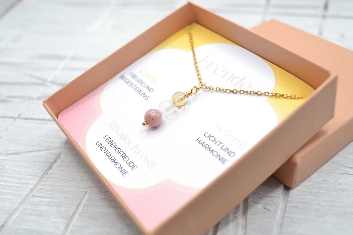 Kette Freude mit Citrin, Selenit und Rhodochrosit