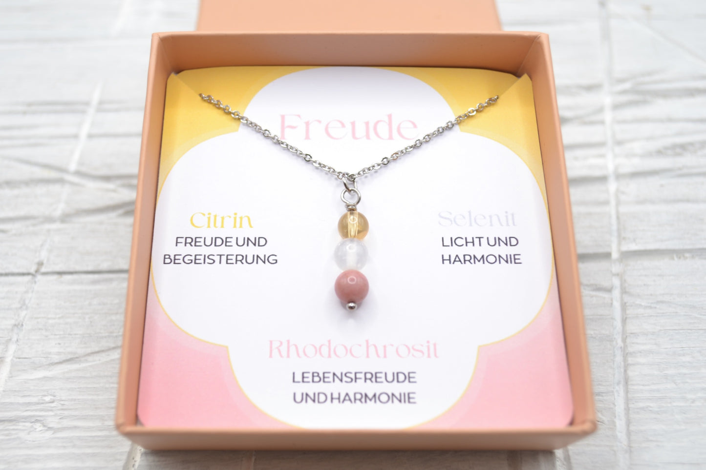 Kette Freude mit Citrin, Selenit und Rhodochrosit