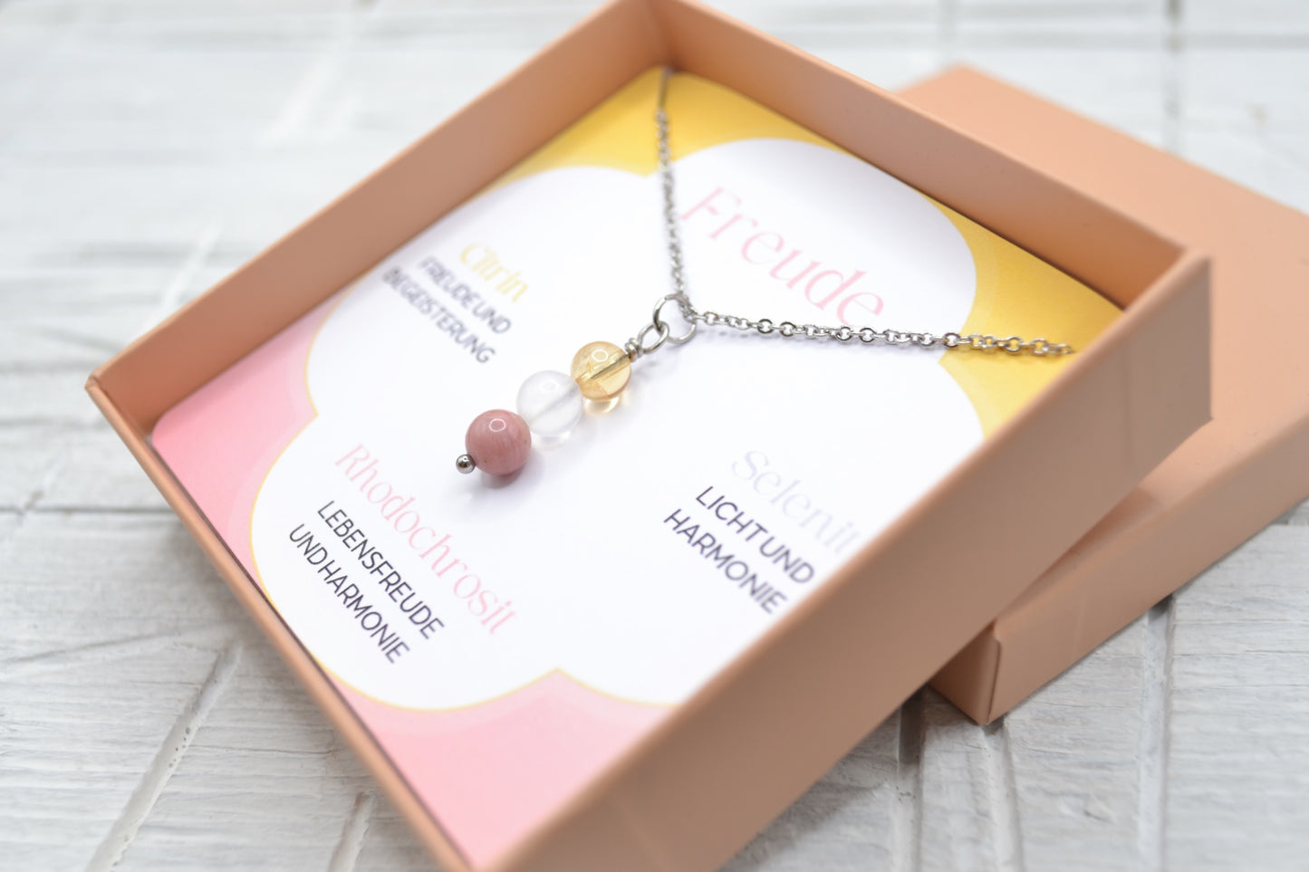 Kette Freude mit Citrin, Selenit und Rhodochrosit