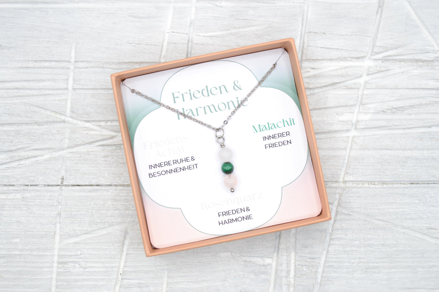 Kette Frieden und Harmonie mit Friedens-Achat, Malachit und Rosenquarz