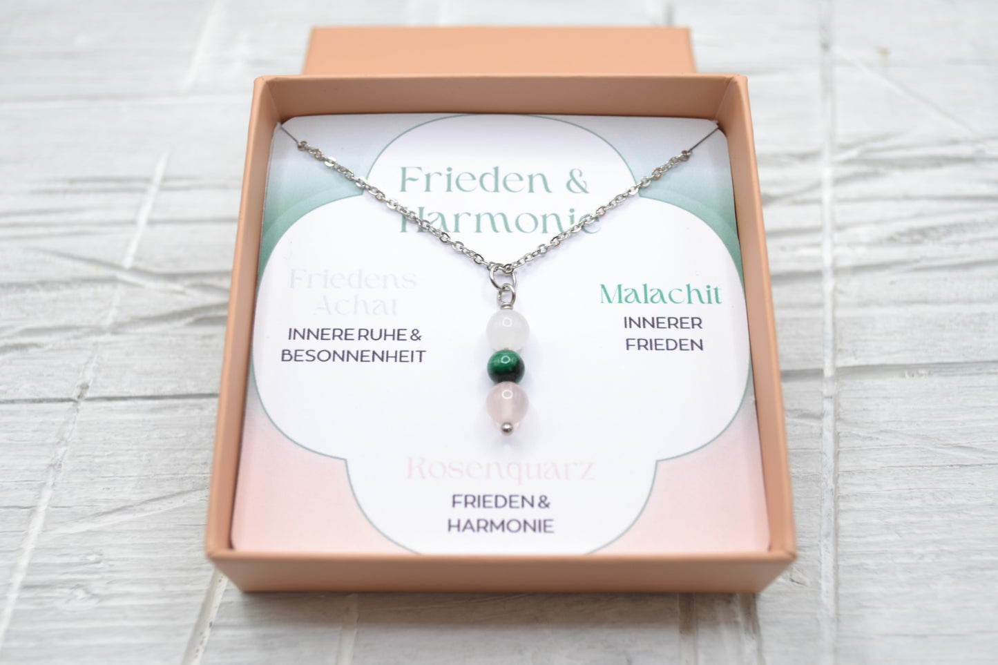 Kette Frieden und Harmonie mit Friedens-Achat, Malachit und Rosenquarz