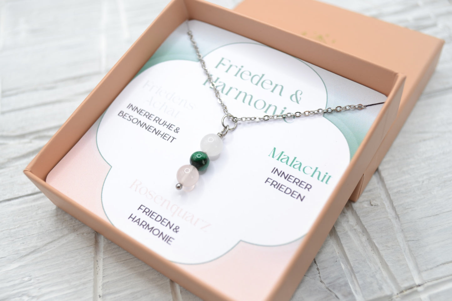 Kette Frieden und Harmonie mit Friedens-Achat, Malachit und Rosenquarz