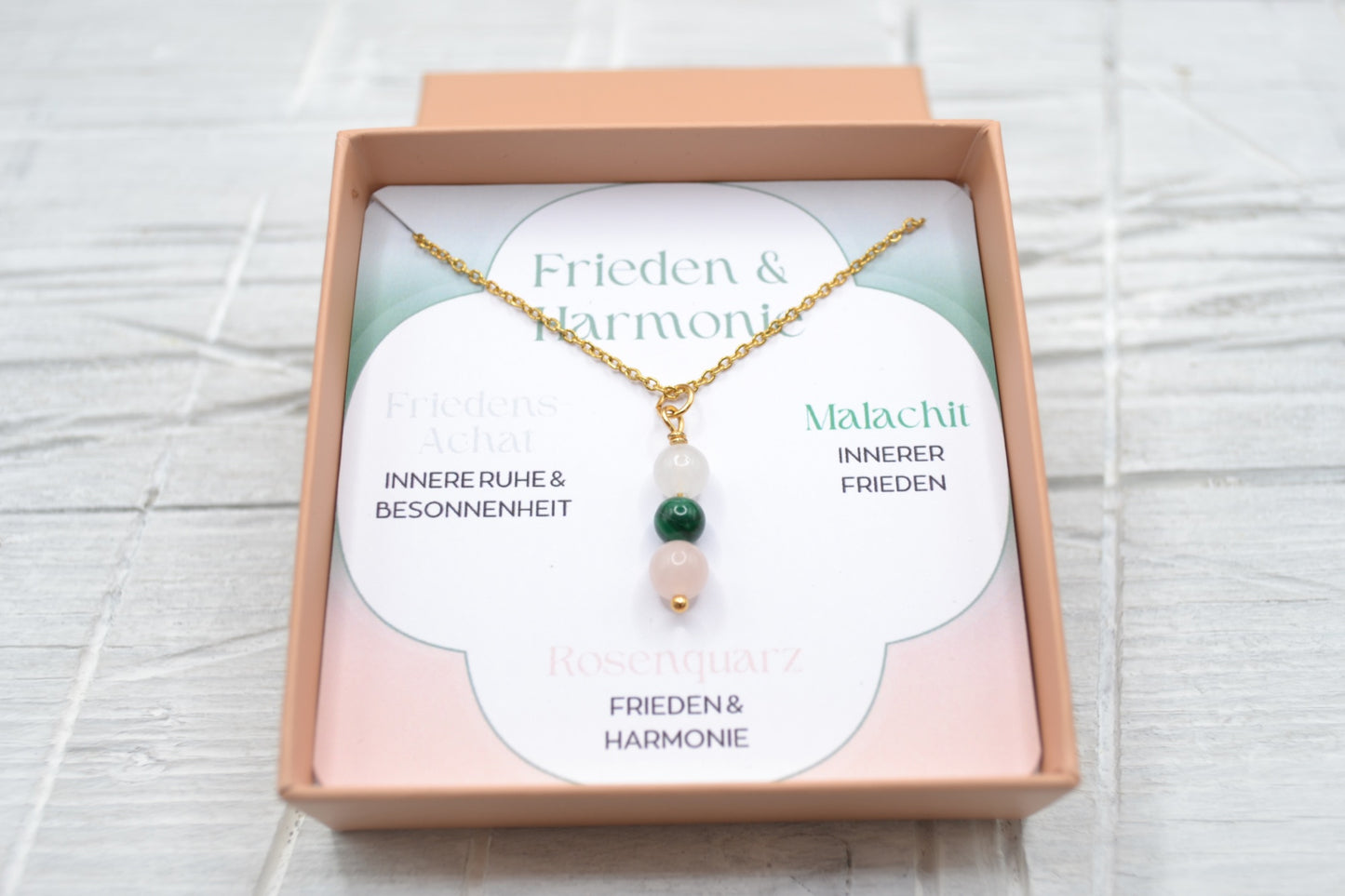 Kette Frieden und Harmonie mit Friedens-Achat, Malachit und Rosenquarz