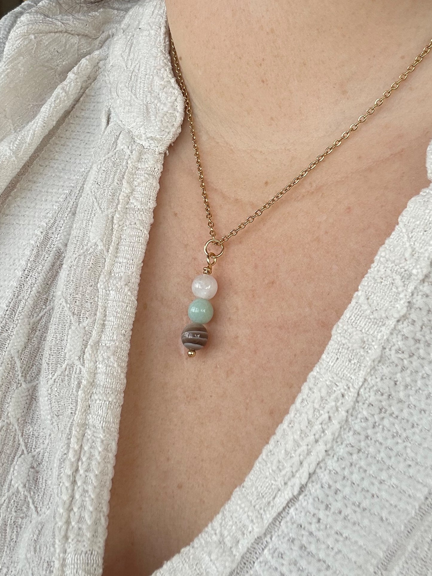 Kette Geburt mit Mondstein, Amazonit und Botswana-Achat