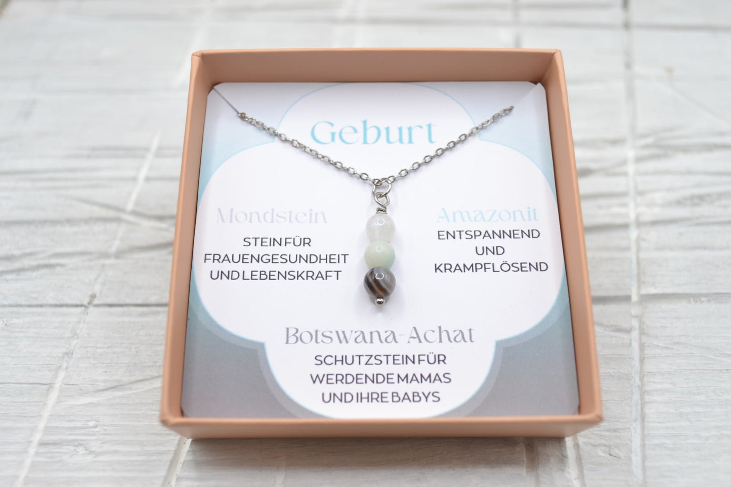 Kette Geburt mit Mondstein, Amazonit und Botswana-Achat