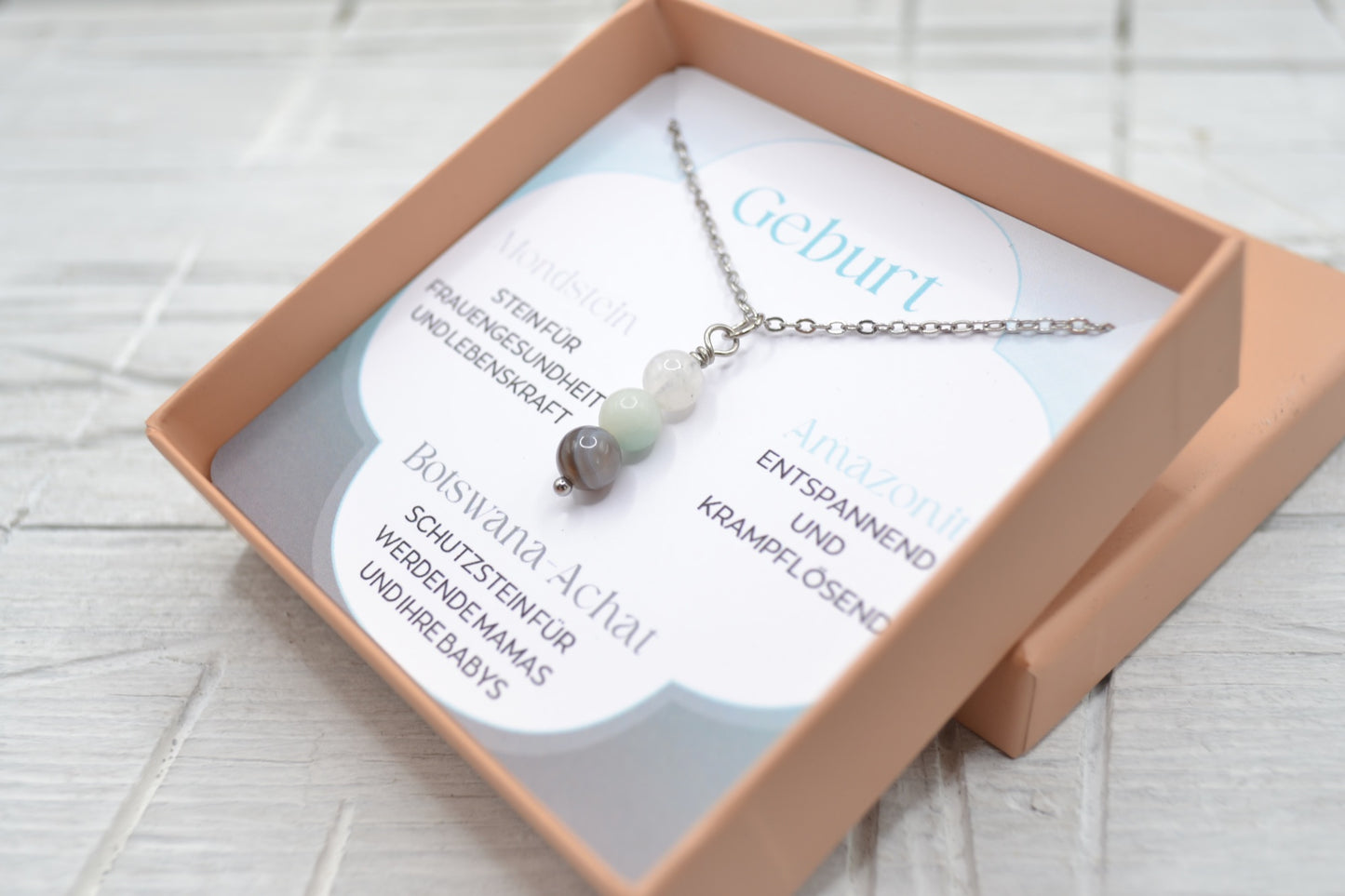 Kette Geburt mit Mondstein, Amazonit und Botswana-Achat