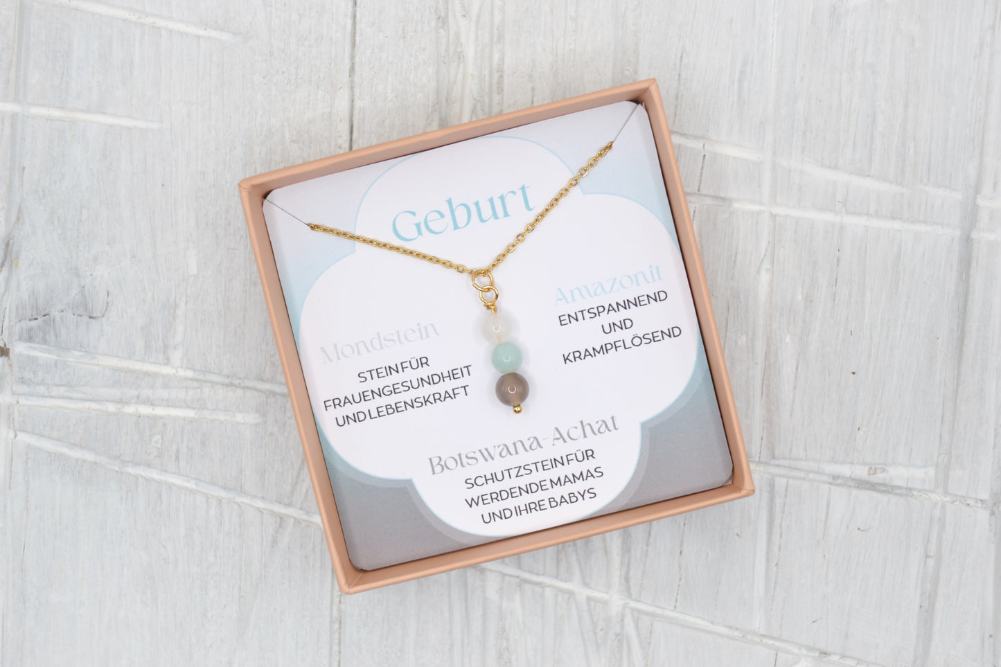 Kette Geburt mit Mondstein, Amazonit und Botswana-Achat
