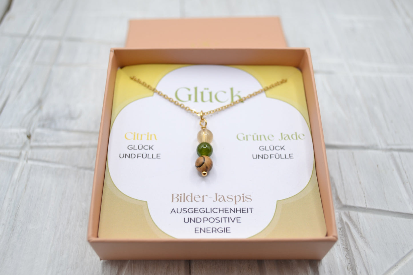Kette Glück mit Citrin, Grüner Jade und Bilder-Jaspis