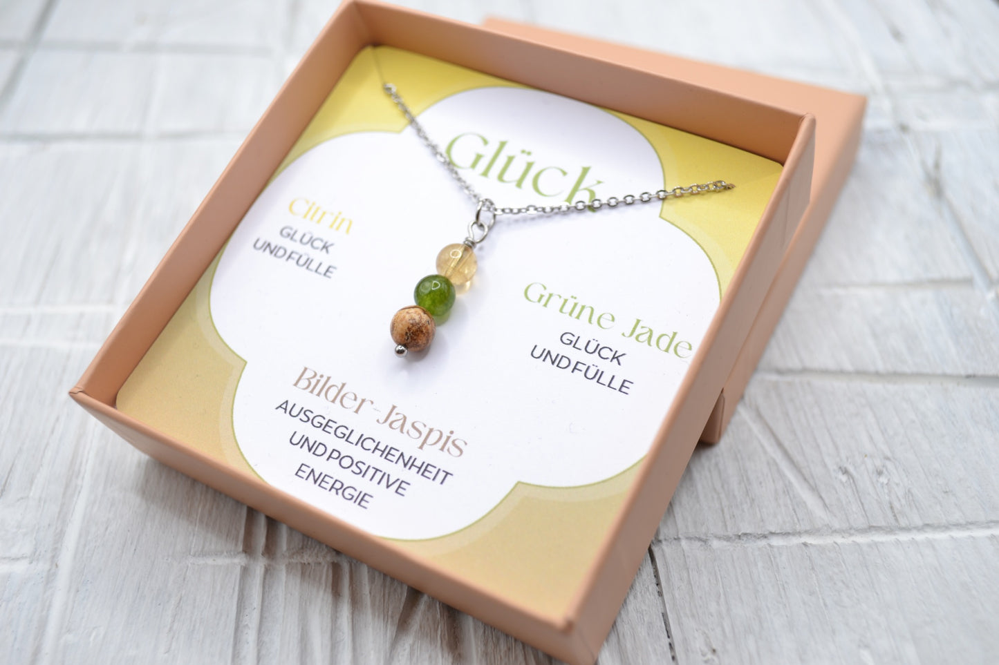 Kette Glück mit Citrin, Grüner Jade und Bilder-Jaspis