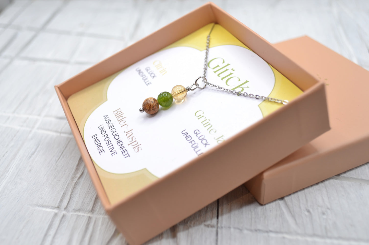 Kette Glück mit Citrin, Grüner Jade und Bilder-Jaspis