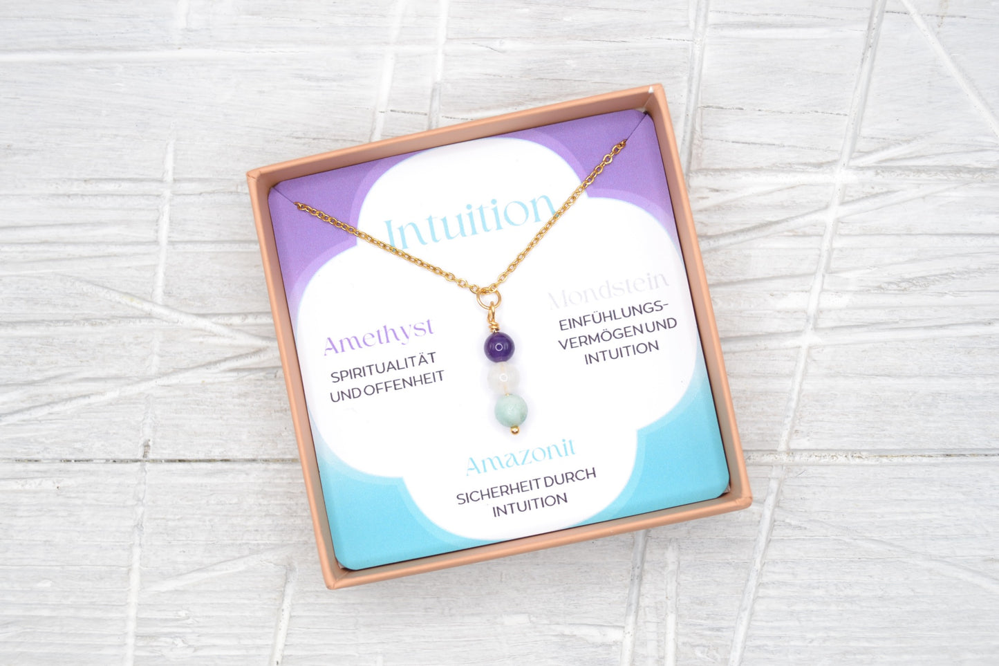 Kette Intuition mit Amethyst, Mondstein und Amazonit