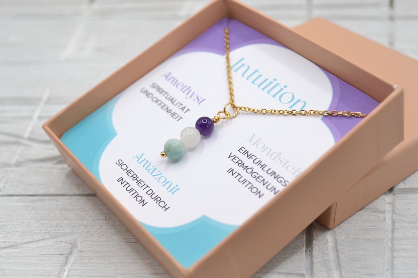 Kette Intuition mit Amethyst, Mondstein und Amazonit