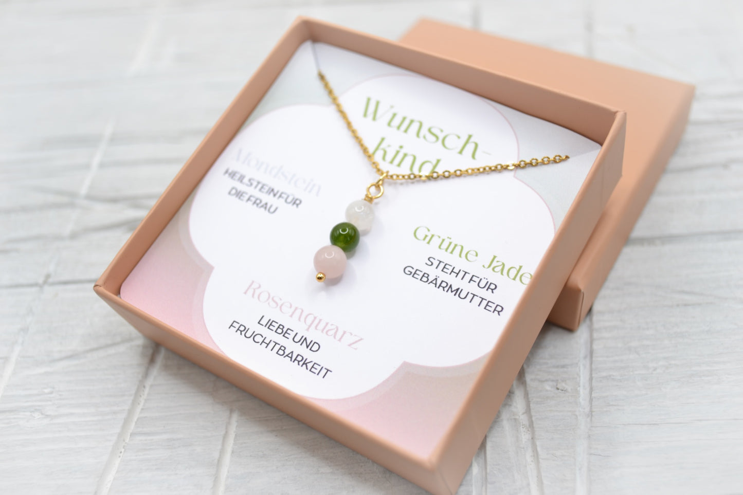 Kette Wunschkind mit Mondstein, grüner Jade und Rosenquarz