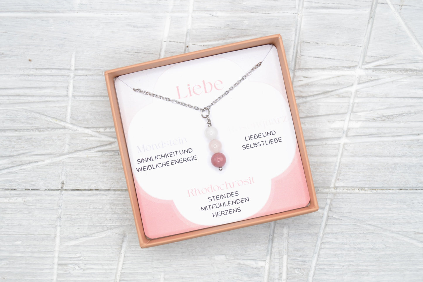 Kette Liebe mit Mondstein, Rosenquarz und Rhodochrosit