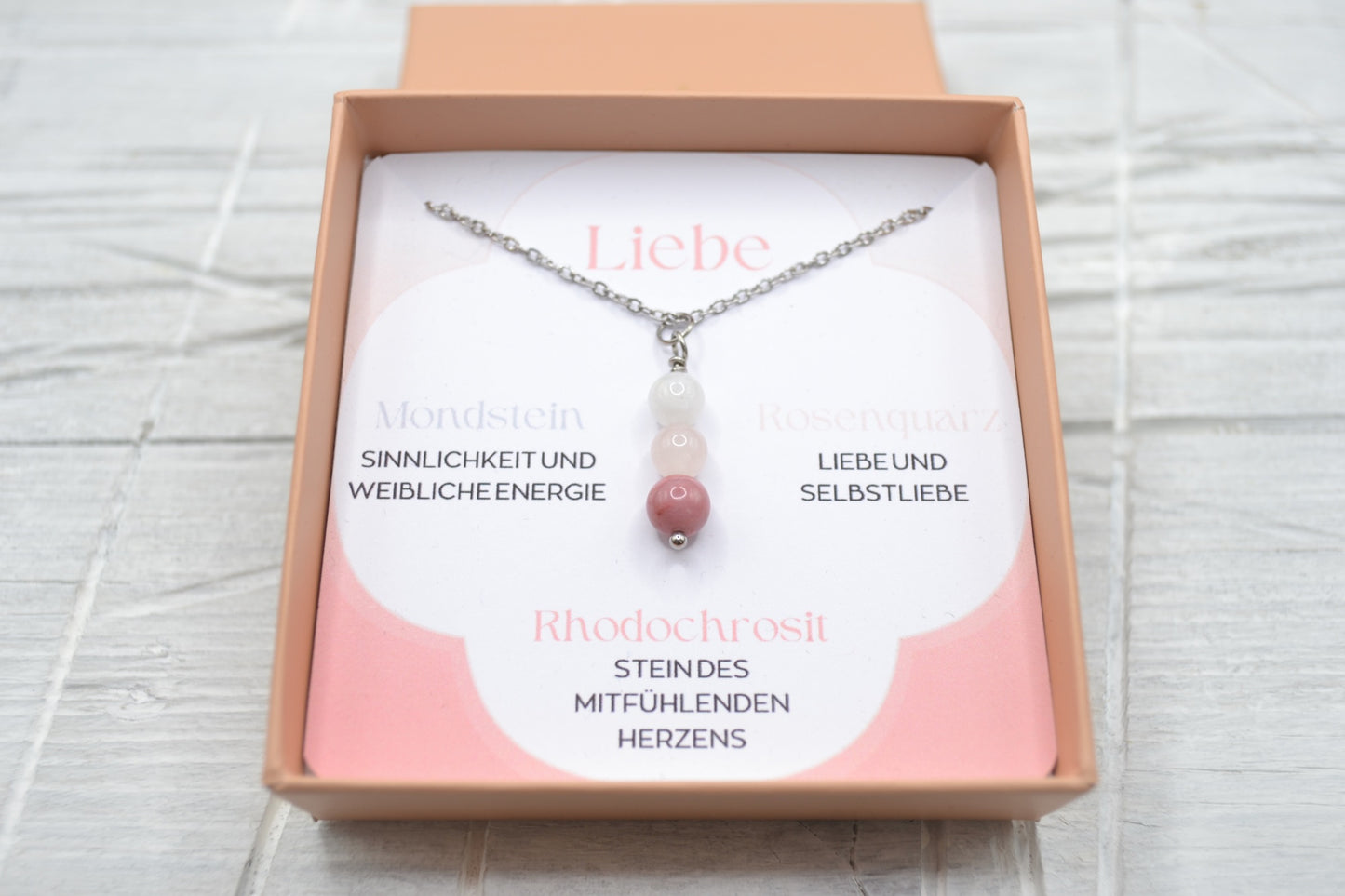 Kette Liebe mit Mondstein, Rosenquarz und Rhodochrosit