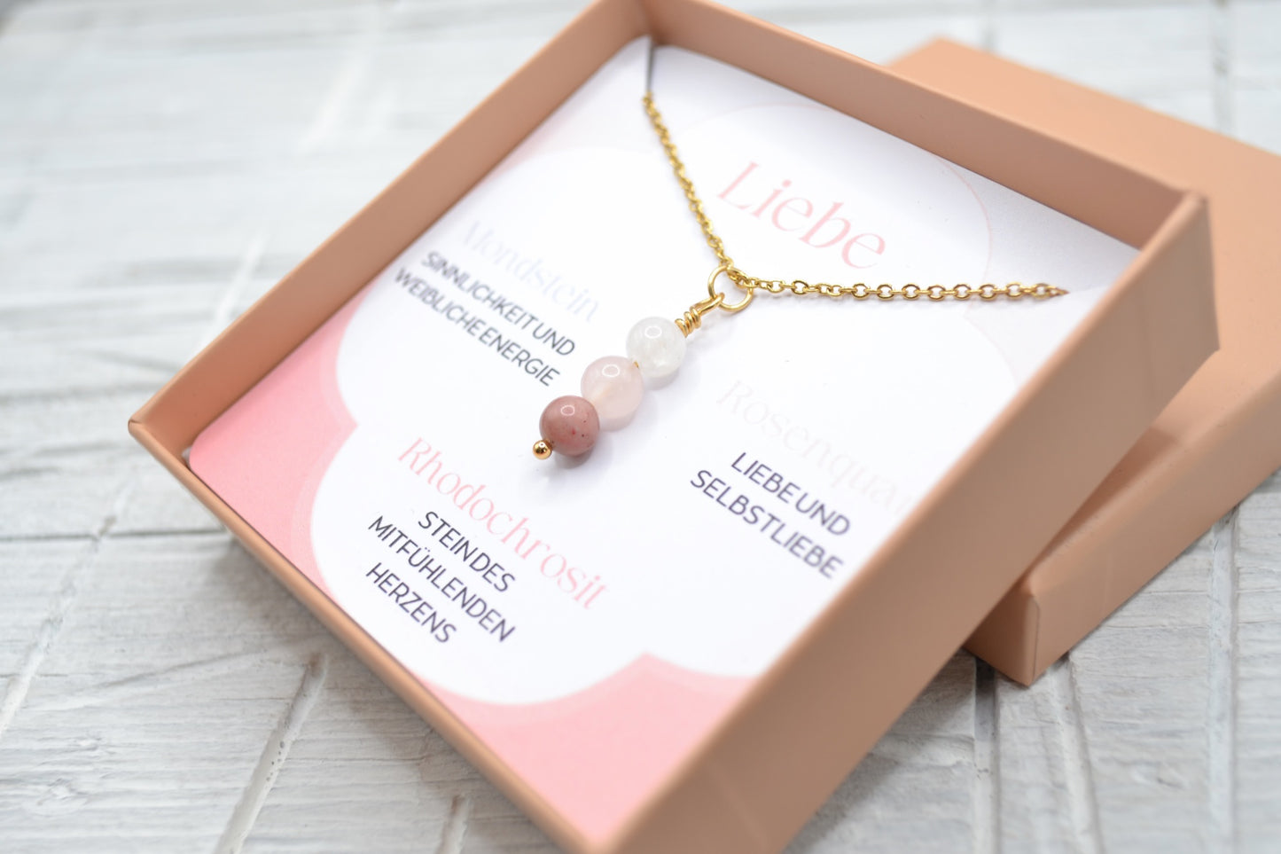 Kette Liebe mit Mondstein, Rosenquarz und Rhodochrosit