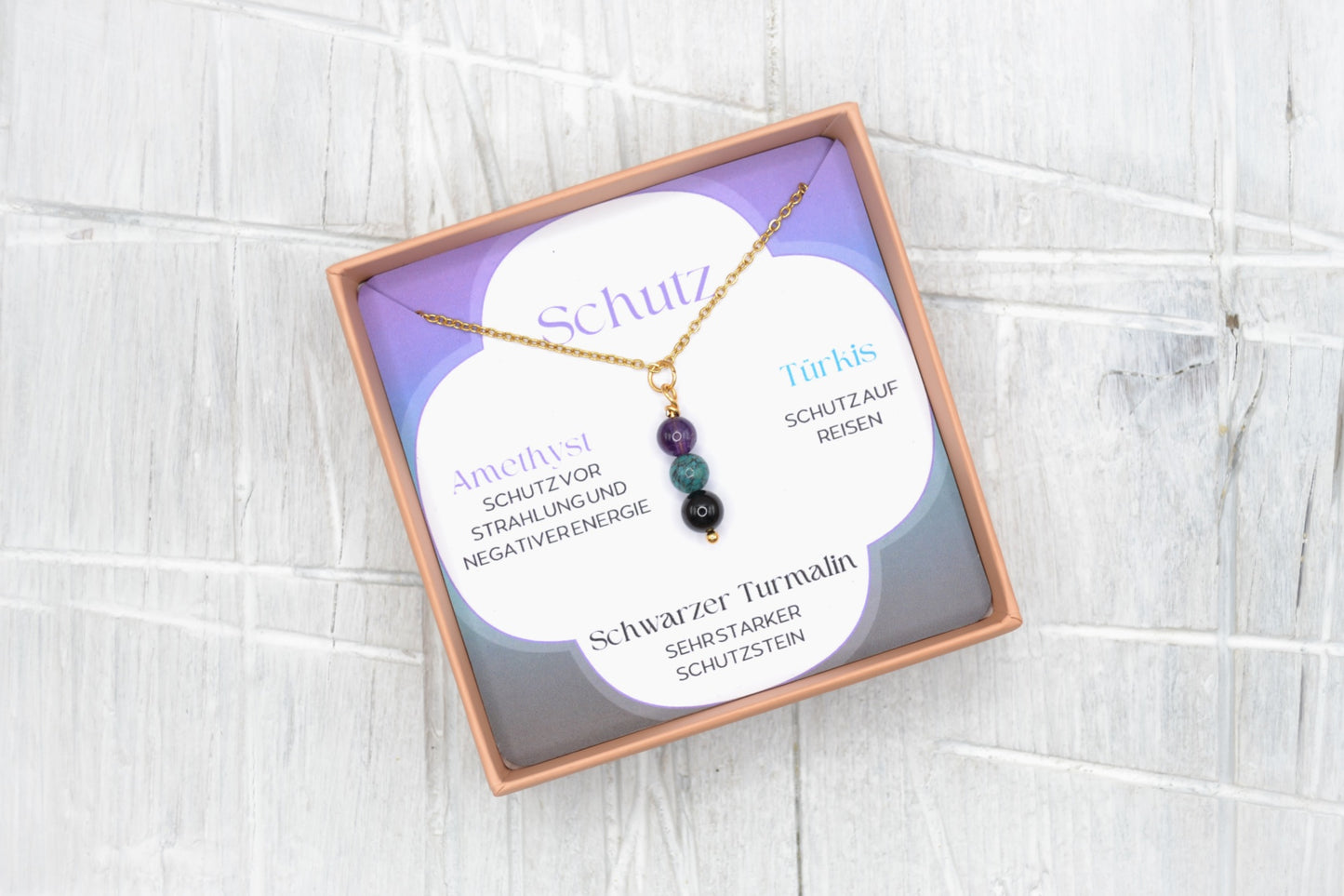 Kette Schutz mit Amethyst, Türkis und schwarzem Turmalin