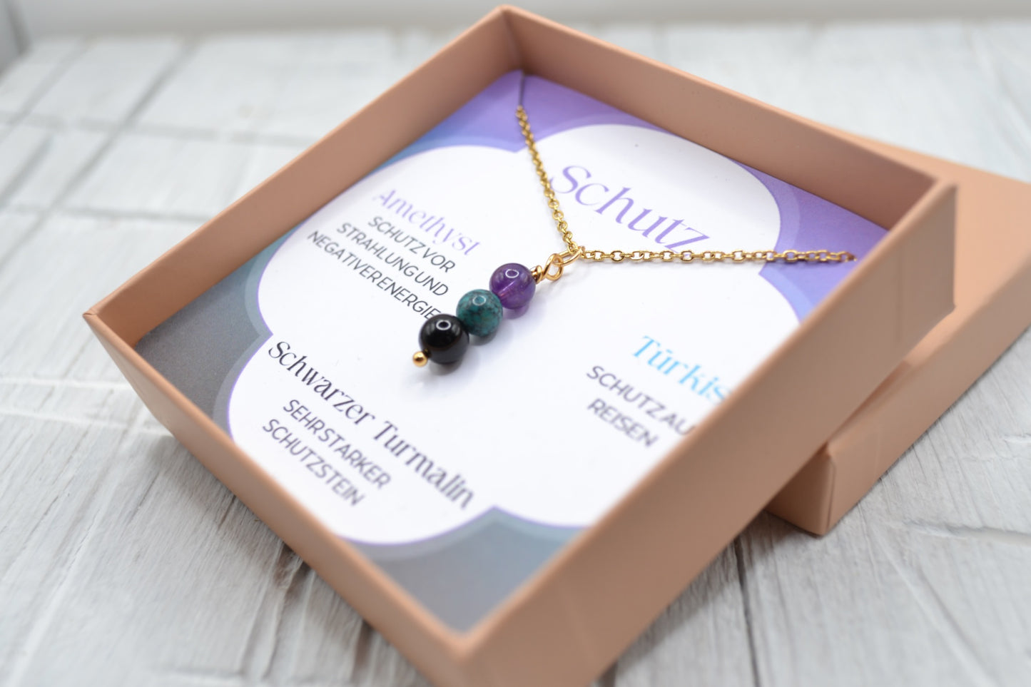 Kette Schutz mit Amethyst, Türkis und schwarzem Turmalin