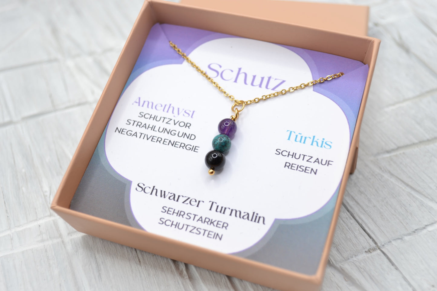 Kette Schutz mit Amethyst, Türkis und schwarzem Turmalin