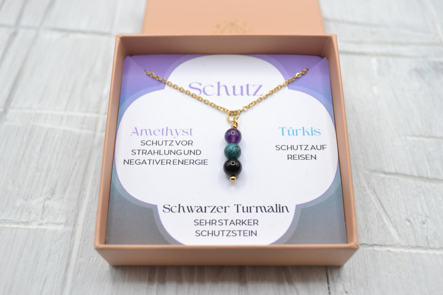 Kette Schutz mit Amethyst, Türkis und schwarzem Turmalin