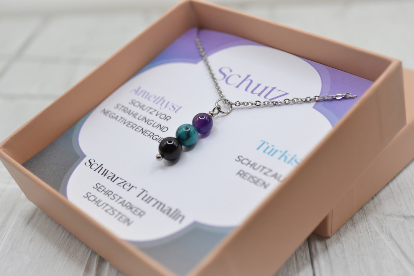 Kette Schutz mit Amethyst, Türkis und schwarzem Turmalin