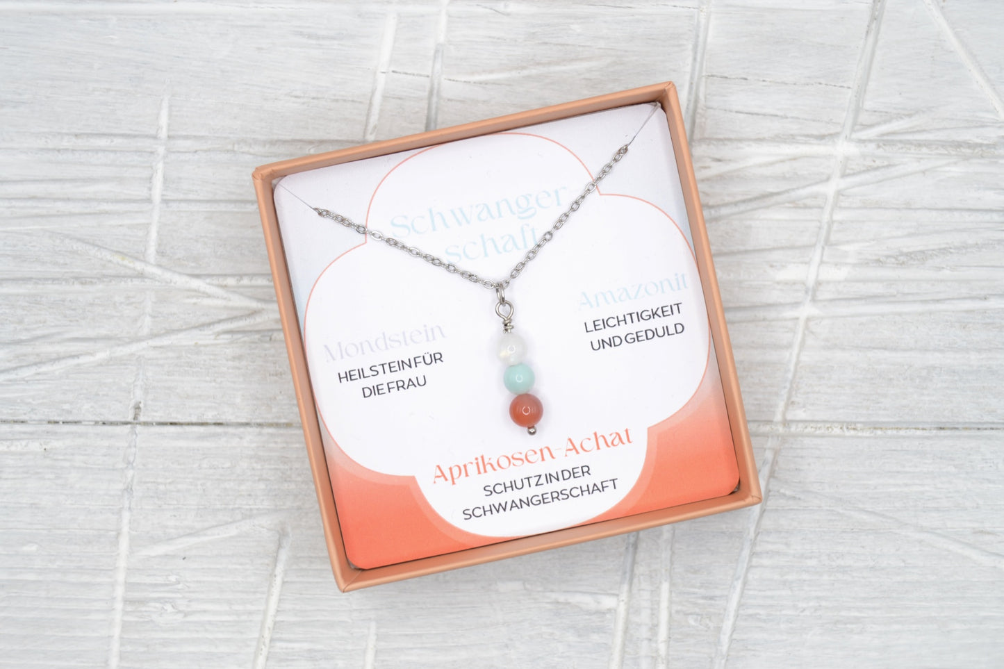 Kette Schwangerschaft mit Mondstein, Amazonit und Aprikosen-Achat
