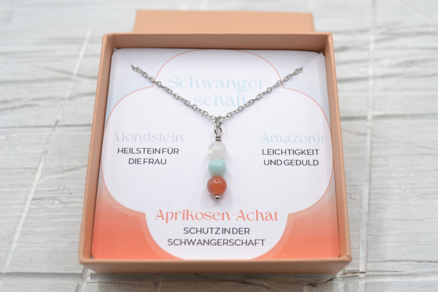 Kette Schwangerschaft mit Mondstein, Amazonit und Aprikosen-Achat