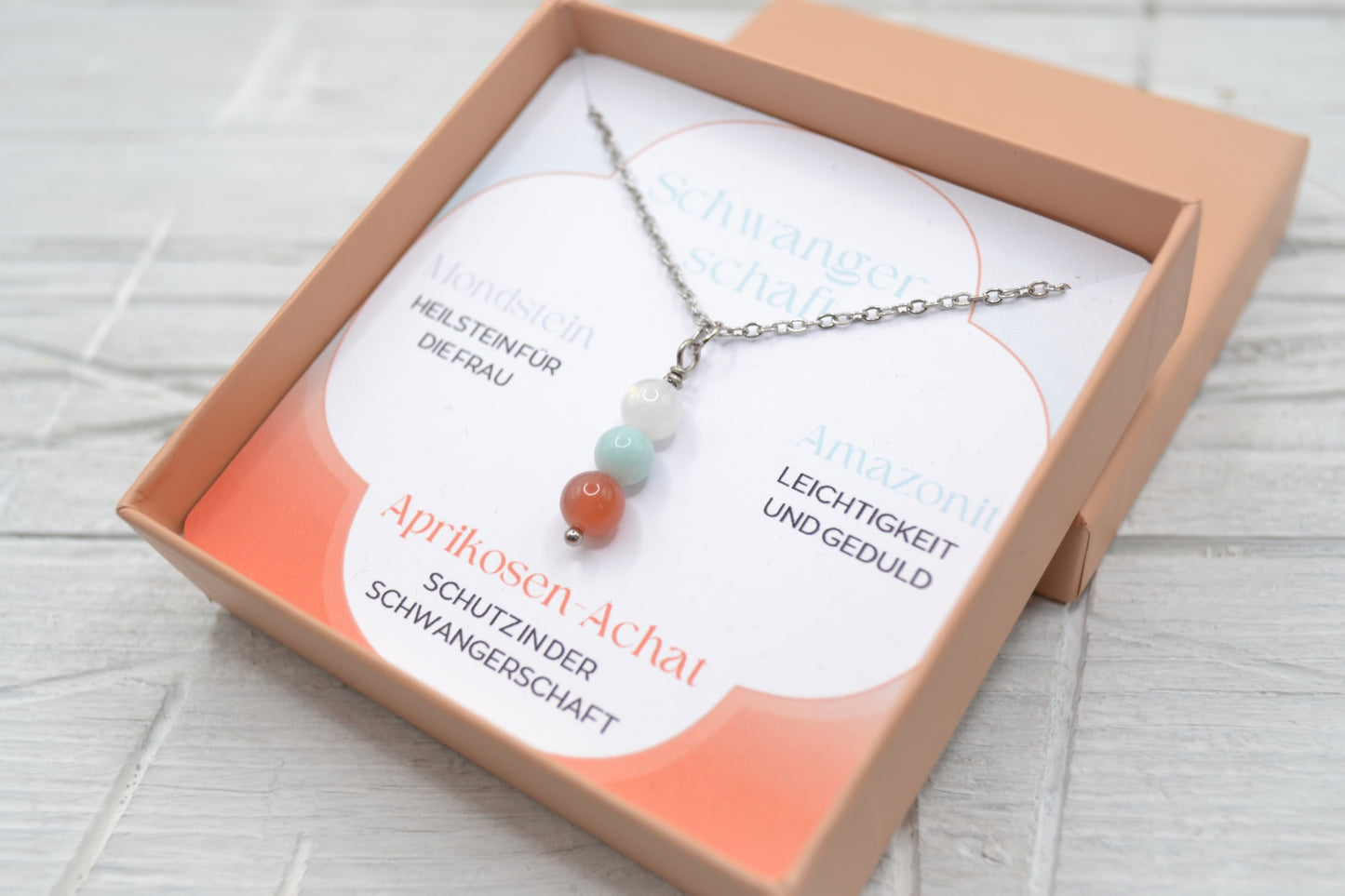 Kette Schwangerschaft mit Mondstein, Amazonit und Aprikosen-Achat