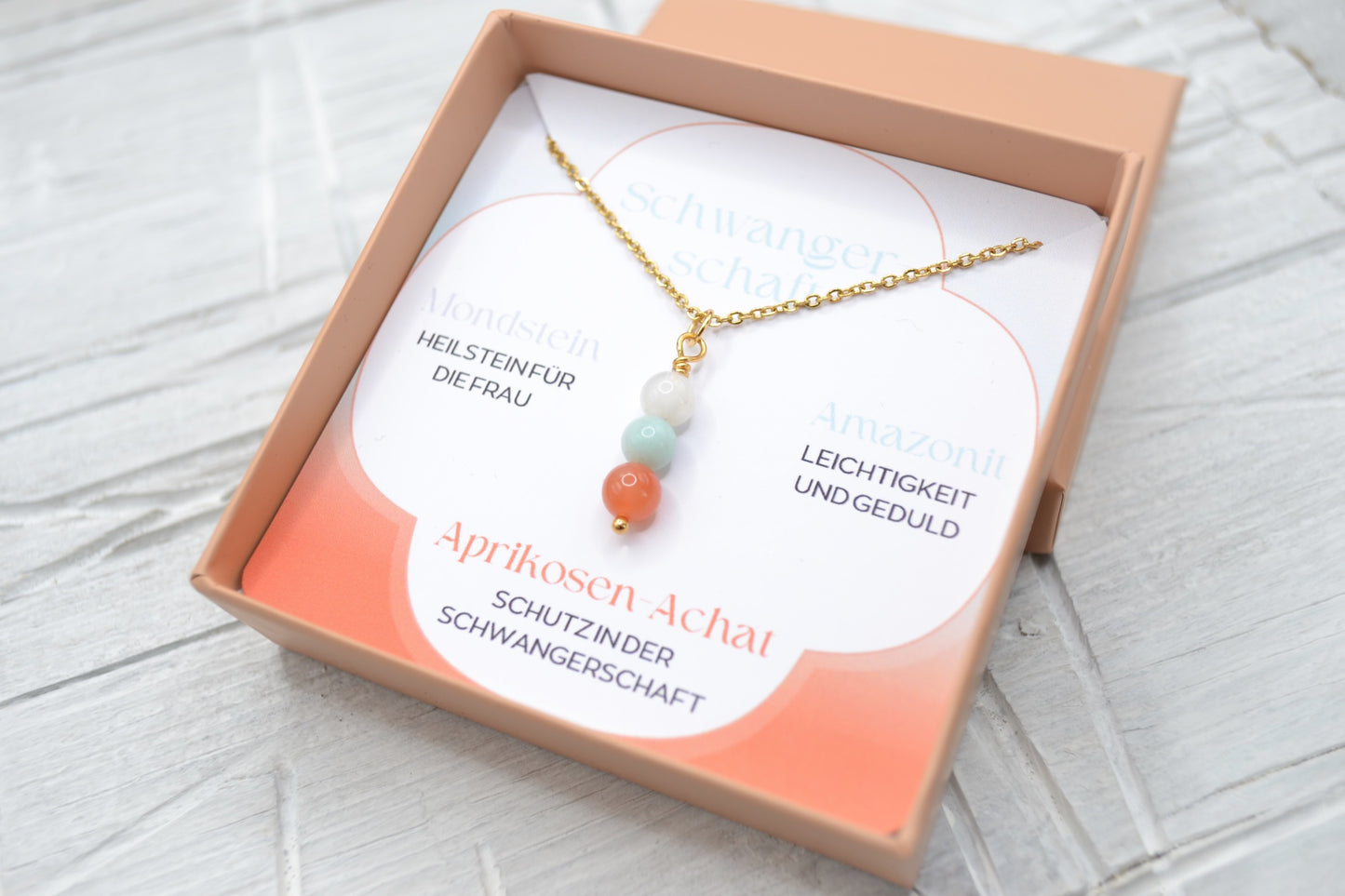 Kette Schwangerschaft mit Mondstein, Amazonit und Aprikosen-Achat