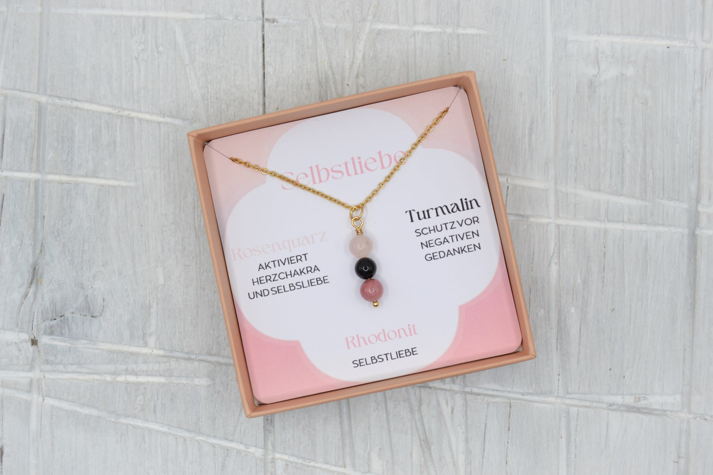 Kette Selbstliebe mit Rosenquarz, Turmalin und Rhodonit