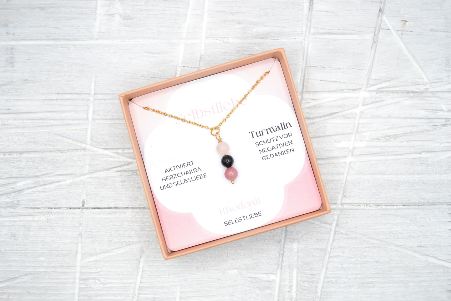 Kette Selbstliebe mit Rosenquarz, Turmalin und Rhodonit