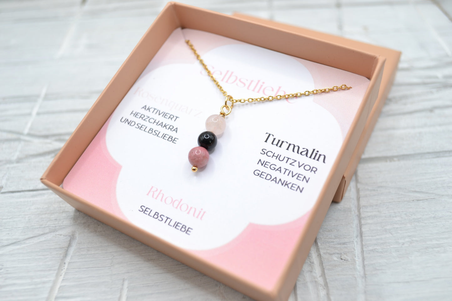 Kette Selbstliebe mit Rosenquarz, Turmalin und Rhodonit