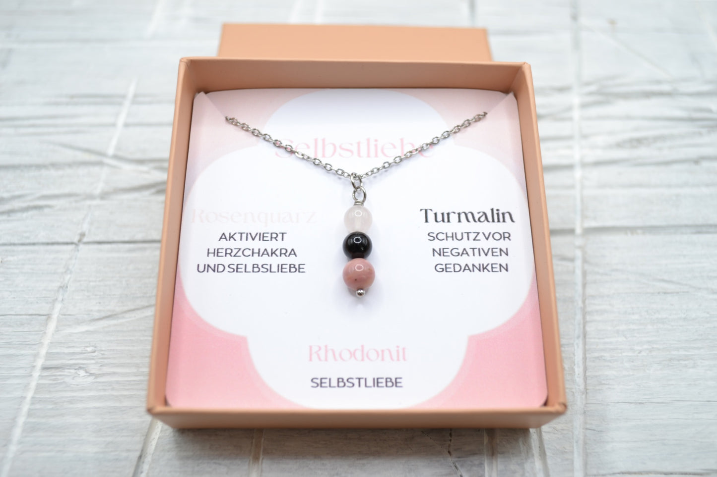 Kette Selbstliebe mit Rosenquarz, Turmalin und Rhodonit