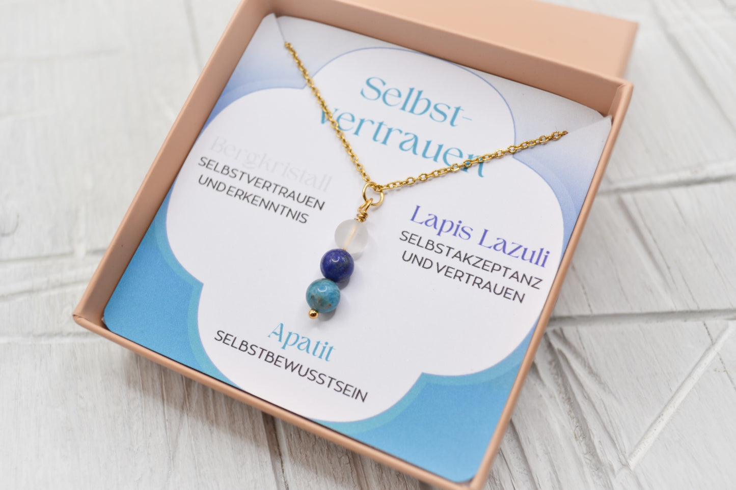 Kette Selbvertrauen mit Bergkristall, Lapis Lazuli und Apatit