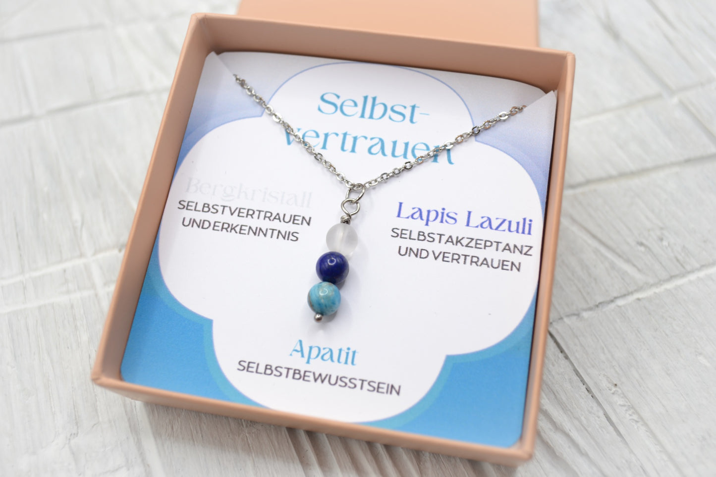 Kette Selbvertrauen mit Bergkristall, Lapis Lazuli und Apatit