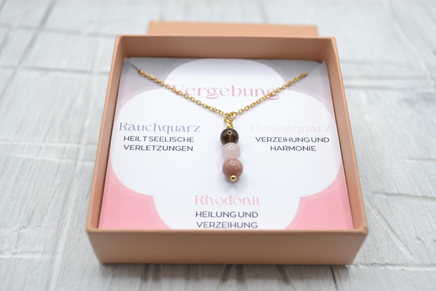 Kette Vergebung mit Rauchquarz, Rosenquarz, Rhodonit