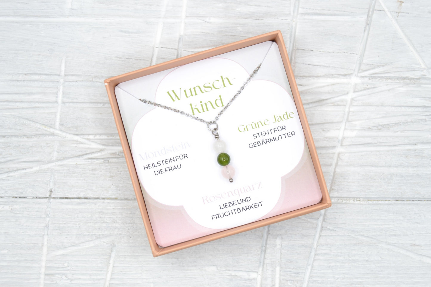 Kette Wunschkind mit Mondstein, grüner Jade und Rosenquarz