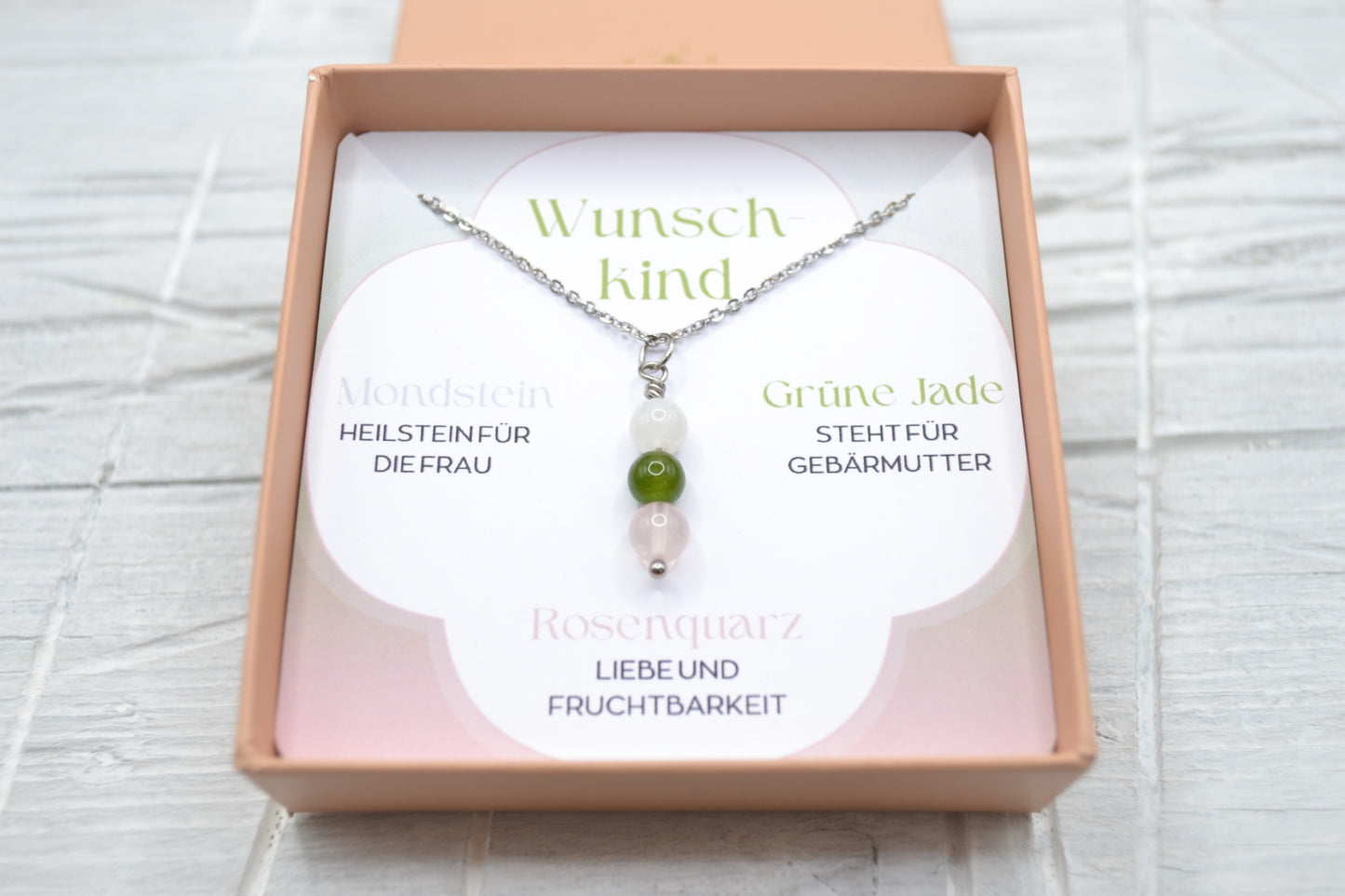 Kette Wunschkind mit Mondstein, grüner Jade und Rosenquarz